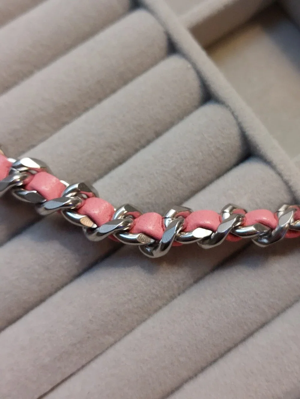 Stainless Steel Genuine Pink Leather Woven Chain Bracelet NEW